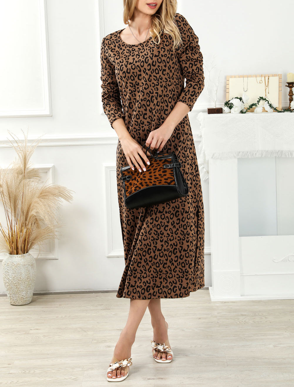 Leopard Round Neck Long Sleeve Split Dress