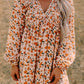 Floral Deep V Neck Smocked Bust Bubble Sleeve Babydoll Dress