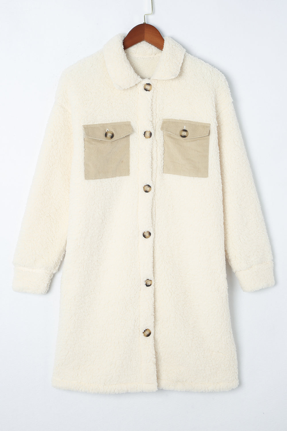 Contrast Flap Pocket Single Breasted Teddy Coat