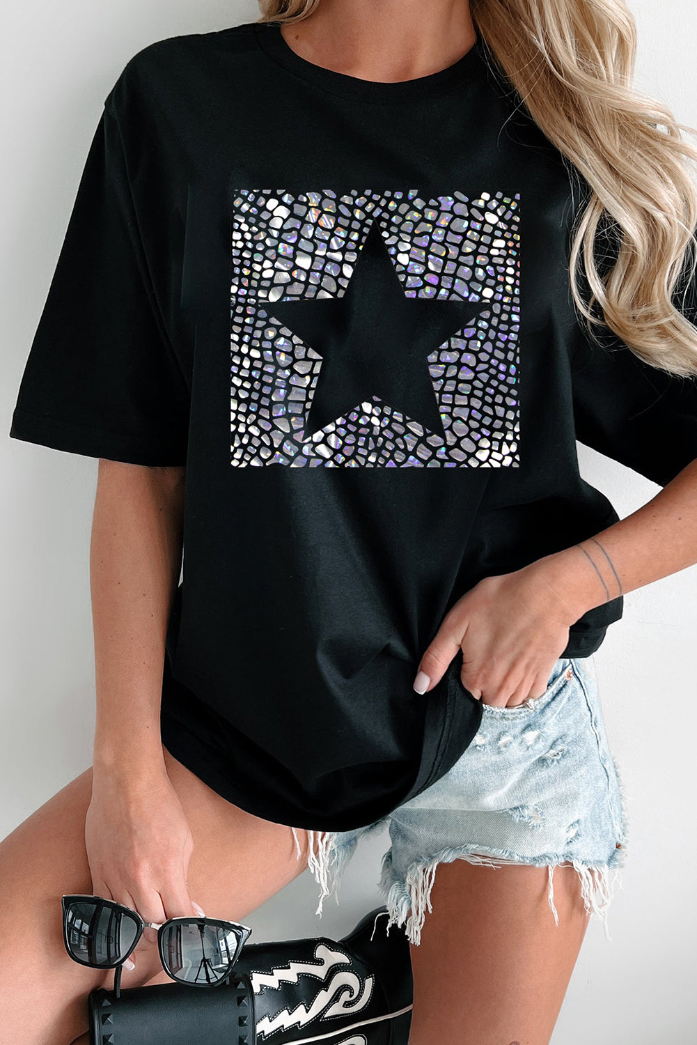Star Marble Glitter Print Crew Neck T Shirt