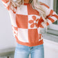 Checkered Floral Print Striped Sleeve Sweater
