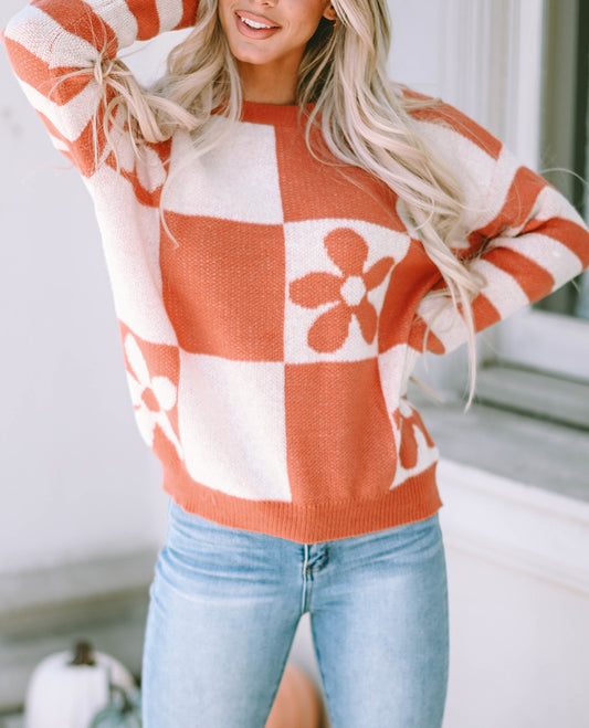 Checkered Floral Print Striped Sleeve Sweater