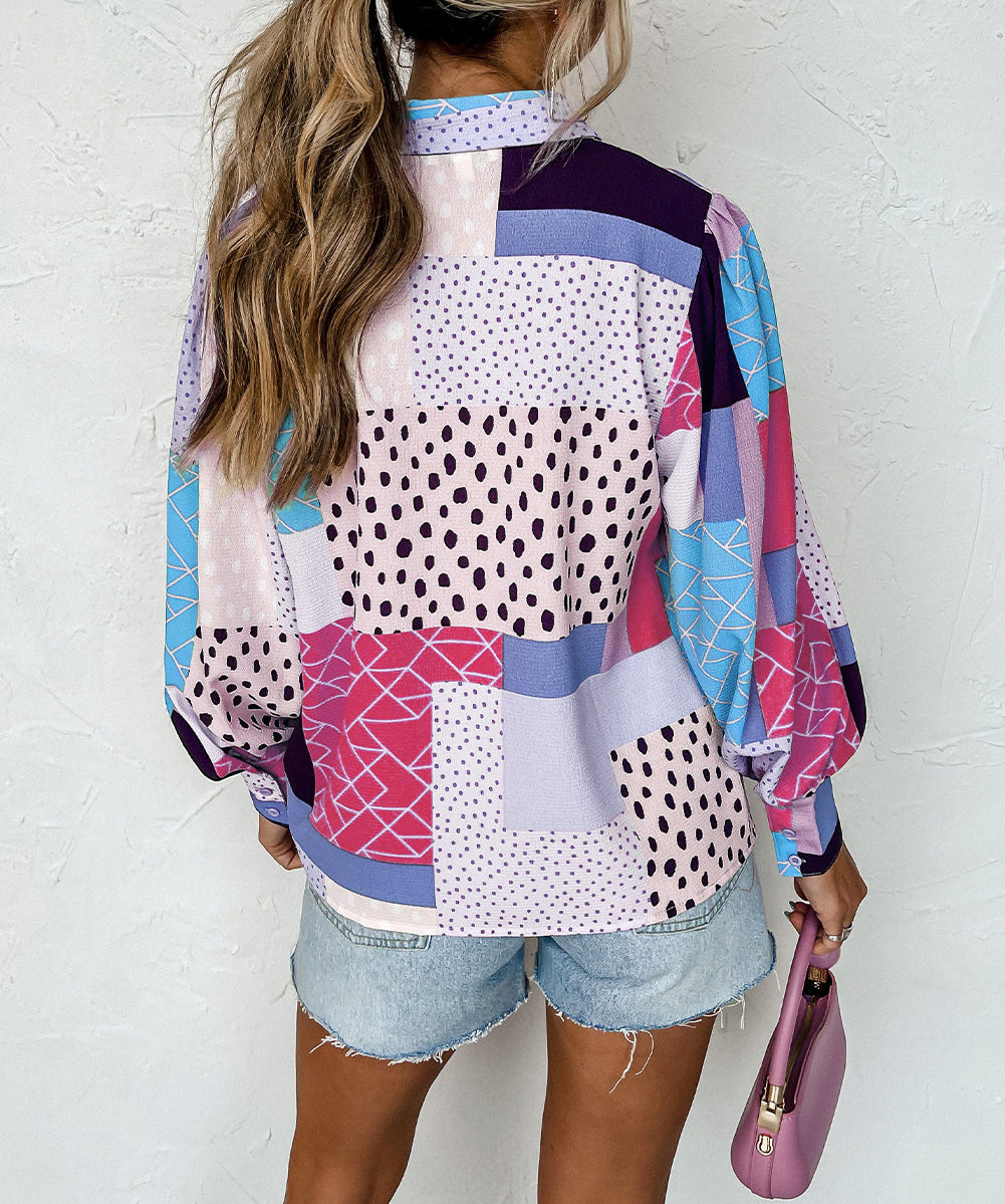 Mixed Print Button Front Cuffed Sleeve Shirt