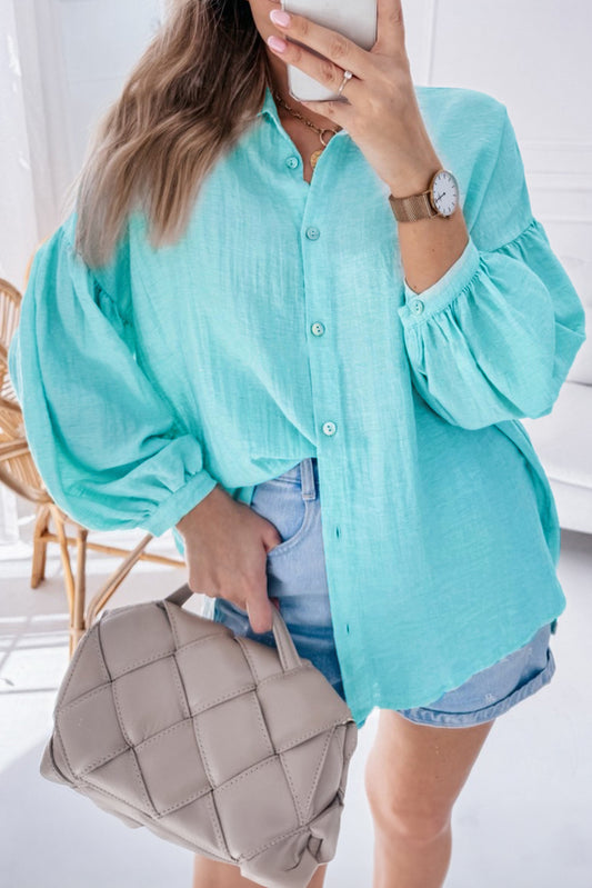 Solid Puff Sleeve Loose Fit Buttoned Shirt
