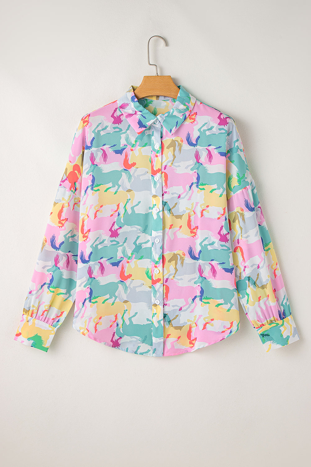 Colorful Horse Printed Long Sleeve Button Up Casual Shirt