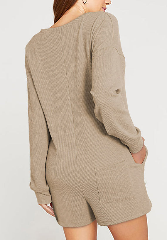 Brushed Ribbed Button Split V Neck Long Sleeve Romper