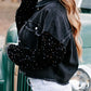 Sequin Sleeve Pocketed Raw Hem Denim Jacket