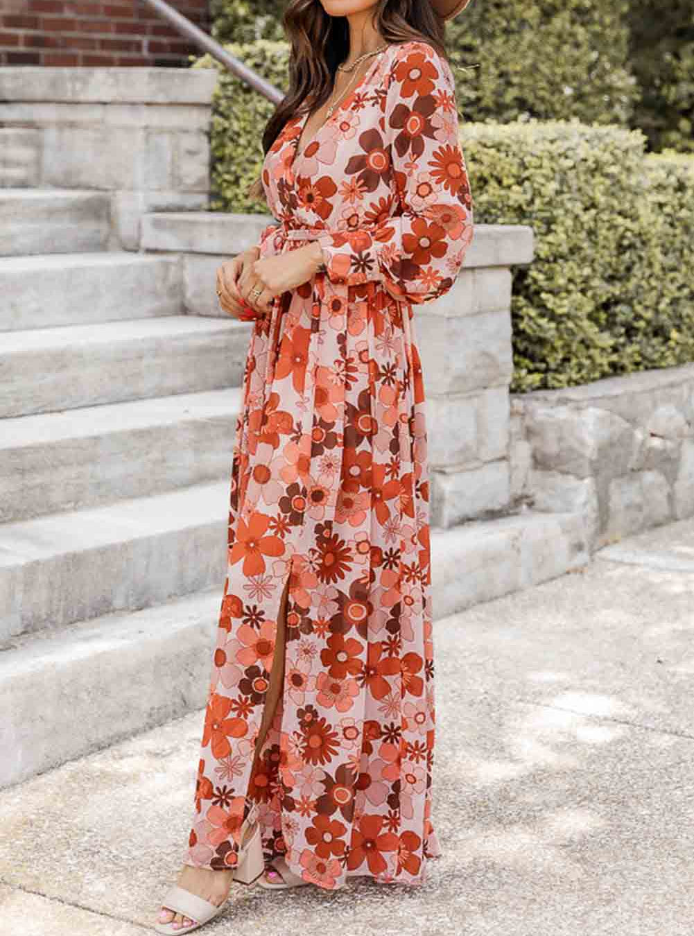Floral V-Neck Long Sleeve Belted Maxi Dress