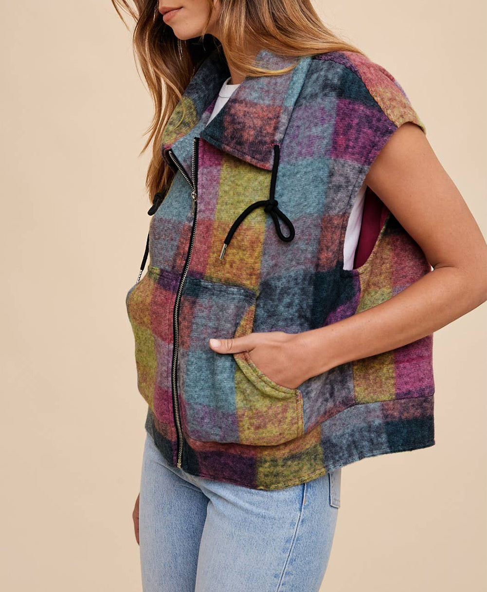 Plaid Print Side Pockets Zipped Loose Vest