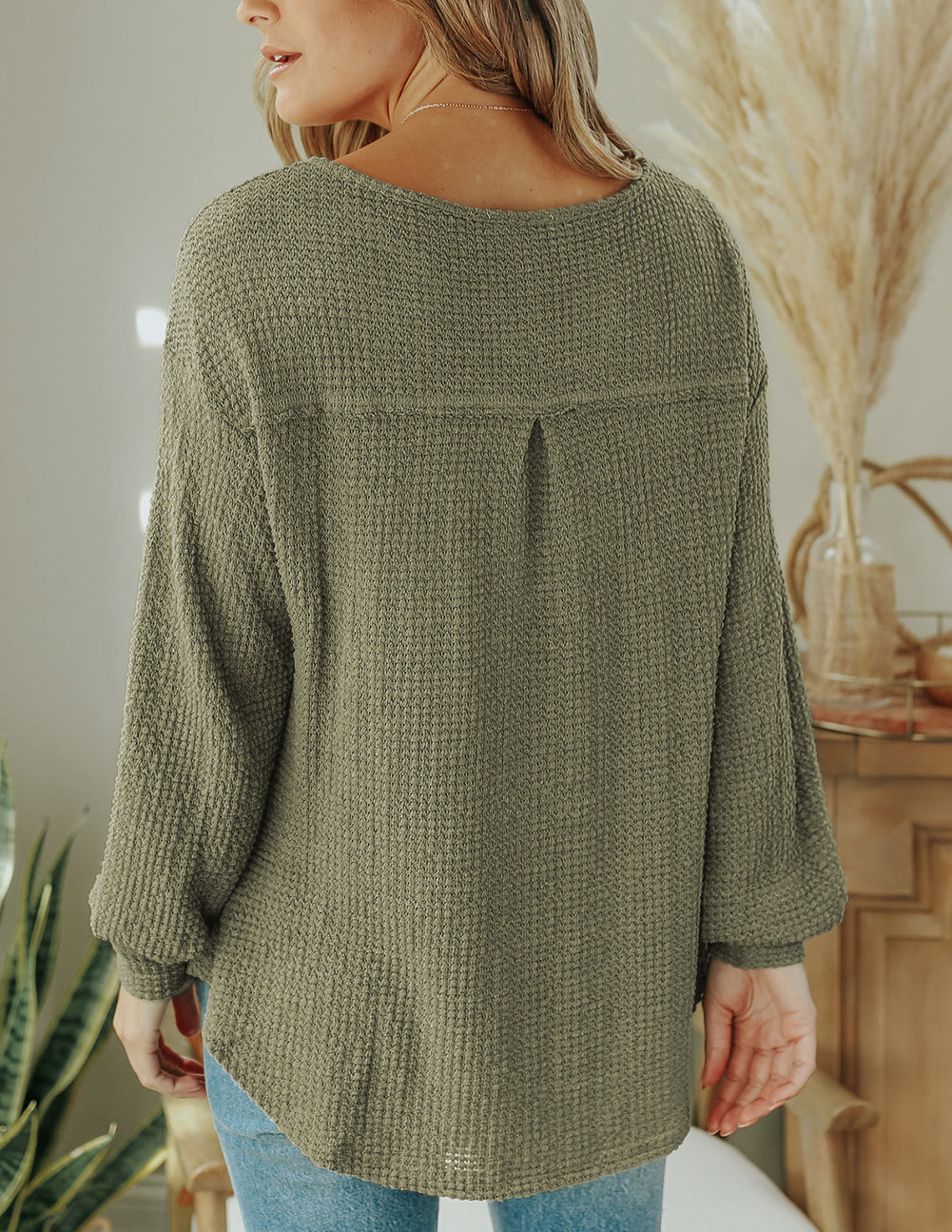 Waffle Knit Split Neck Pocketed Loose Top