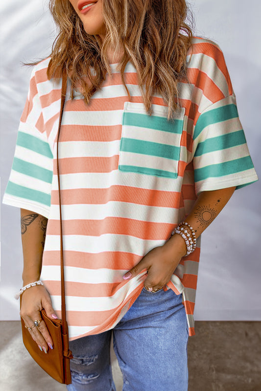 Stripe Contrast Patch Pocket Drop Sleeve T Shirt