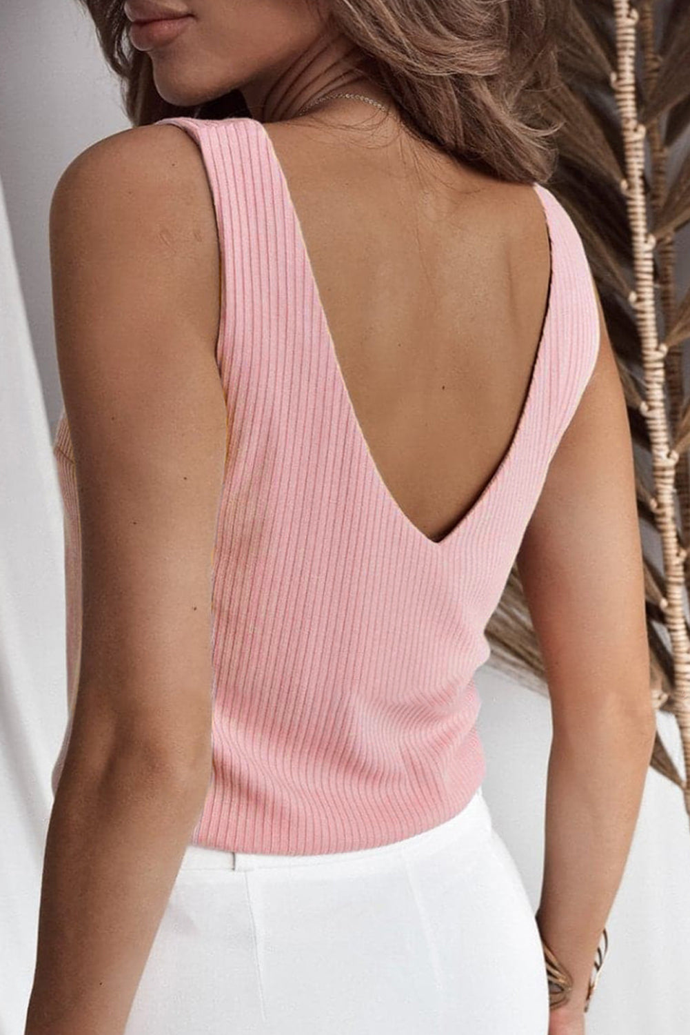 V Neck Rib Textured Tank Top