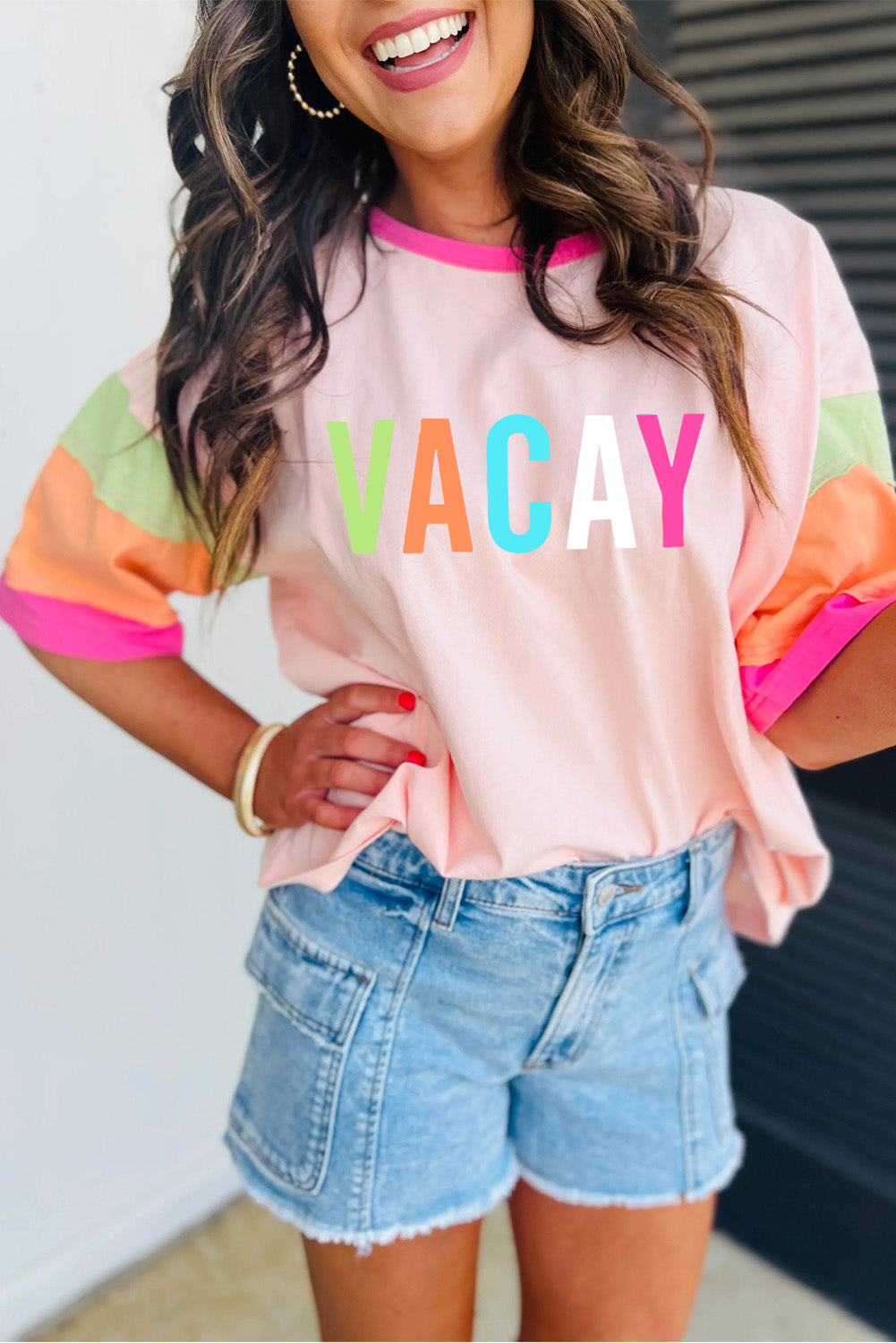 VACAY Printed Color Block Half Sleeve Graphic T Shirt