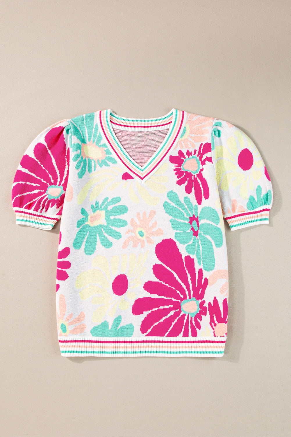 Floral Print V Neck Short Sleeve Sweater