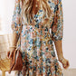 Floral 3/4 Sleeve V Neck High Waist Ruffled Dress