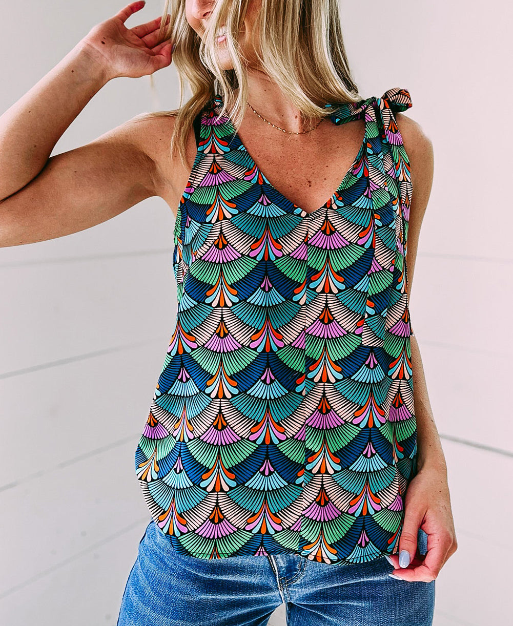 Printed Knotted Shoulder Tank Tops