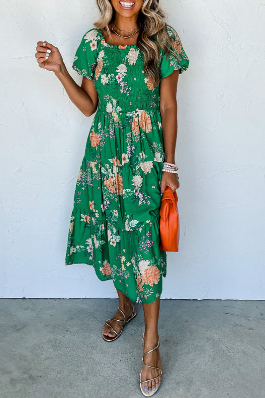 Floral Print Bubble Sleeve Smocked Tiered Midi Dress
