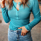 Waffle Knit Long Sleeve Buttoned Henley Top