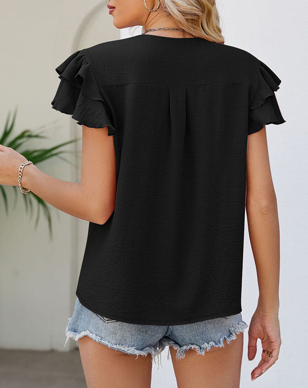 V Neck Ruffle Short Sleeve Blouse