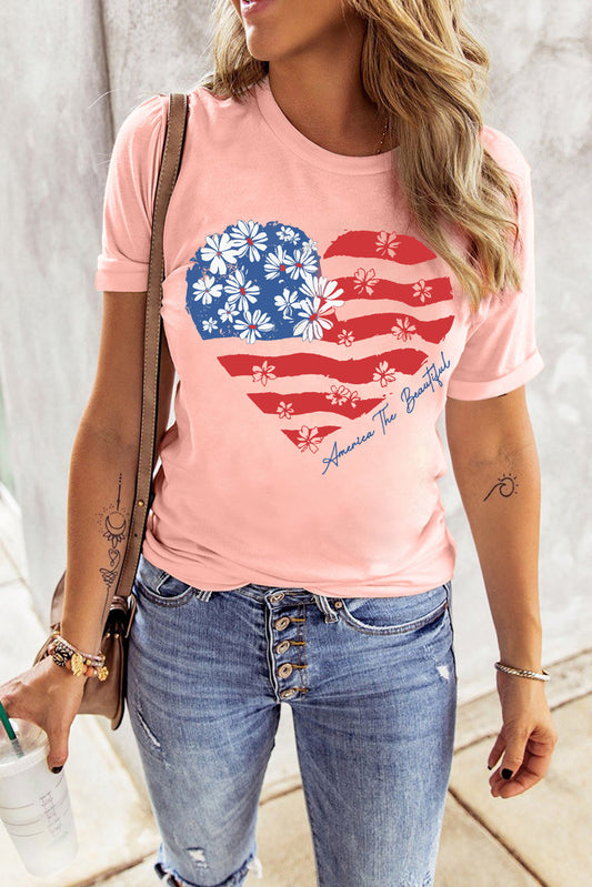 Floral American Flag Heart Shape Graphic T Shirt