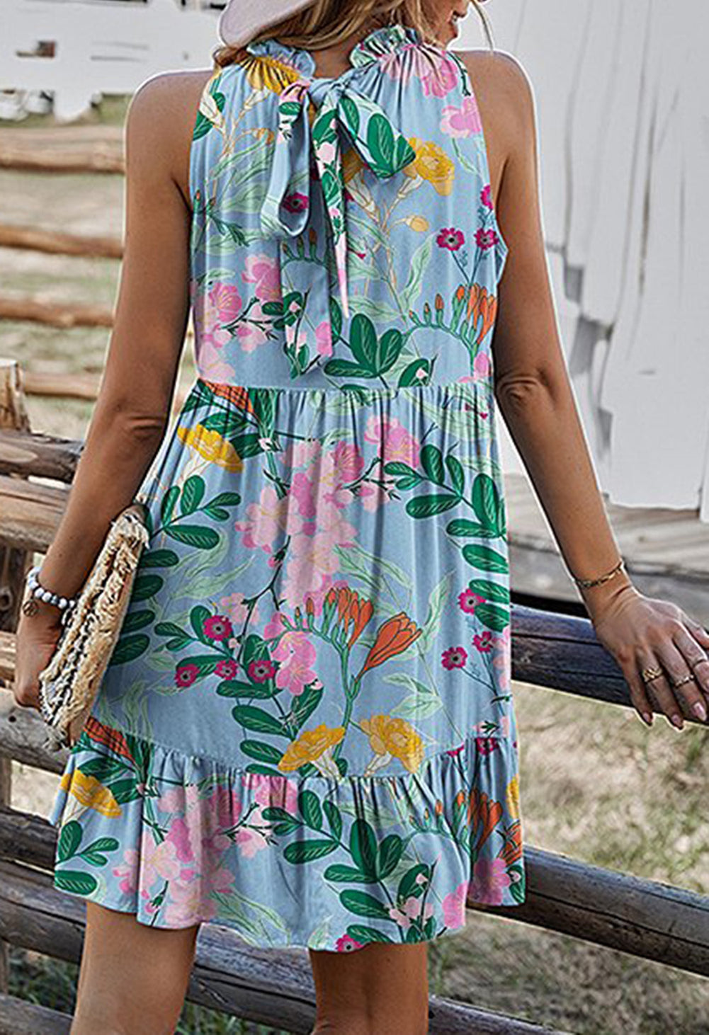 Floral Print Ruffled Lace-up Mock Neck Mini Dress