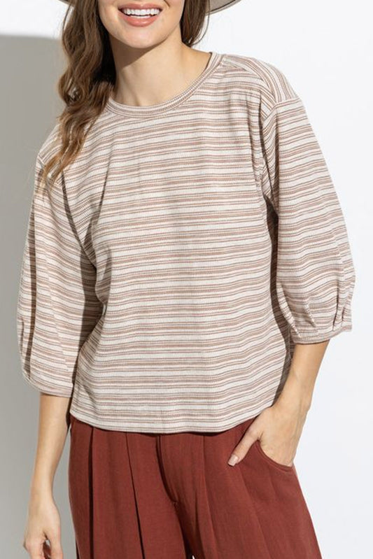 Striped Print Bracelet Sleeve Crew Neck Top
