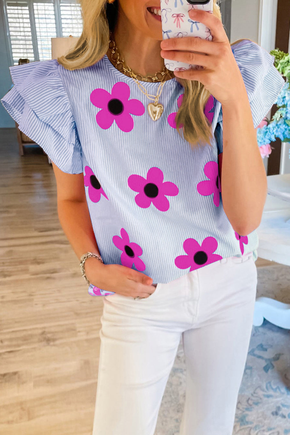 Floral Print Ruffled Flutter Sleeve Blouse
