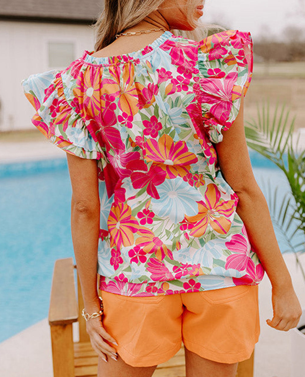 Flutter Sleeve V Neck Floral Print Shift Blouse