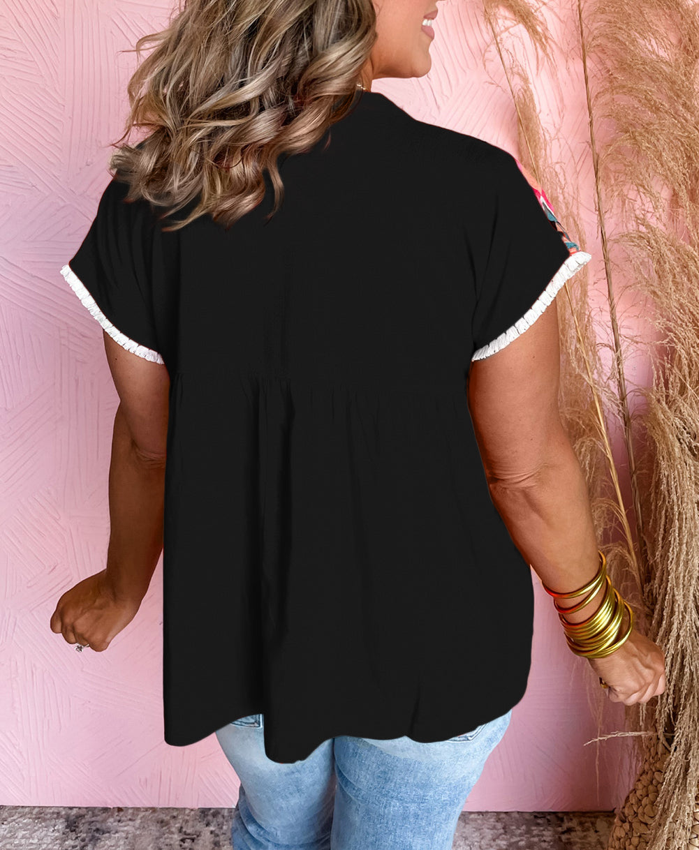 Geometric Embroidered Tassel Tie V Neck Blouse