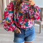 Floral Printed Balloon Sleeve Half Buttons Blouse