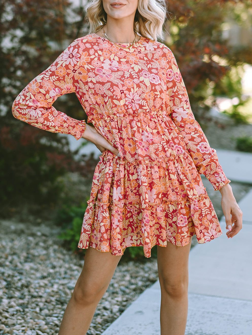 Floral Long Sleeve Frill Tiered Mini Dress