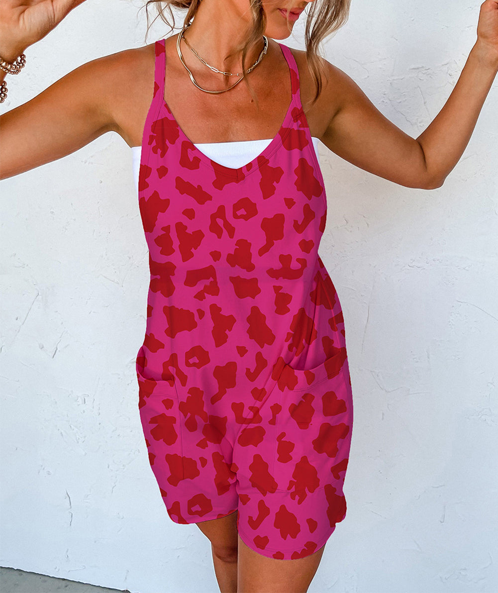 Leopard Pocketed V Neck Sleeveless Romper