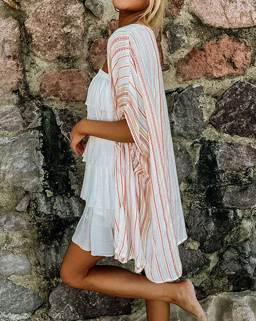 Stripe Printed Tasseled Lace up Boho Kimono