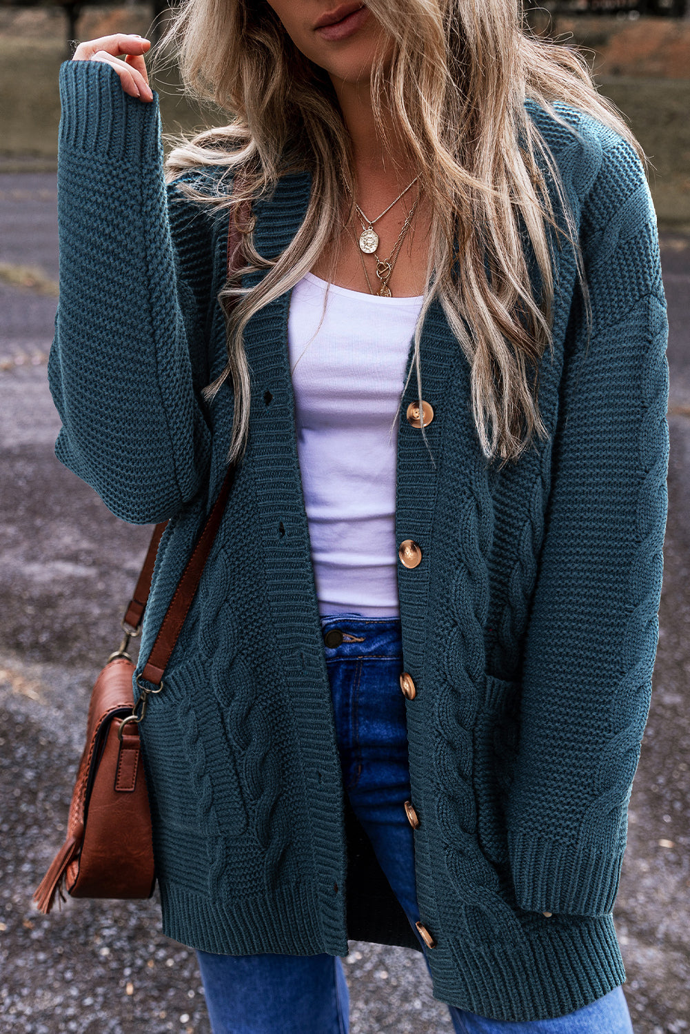 Cable Knit Button Front Pocketed Baggy Cardigan