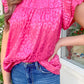 Rose Leopard Print Pleated Tiered Ruffled Sleeve Blouse