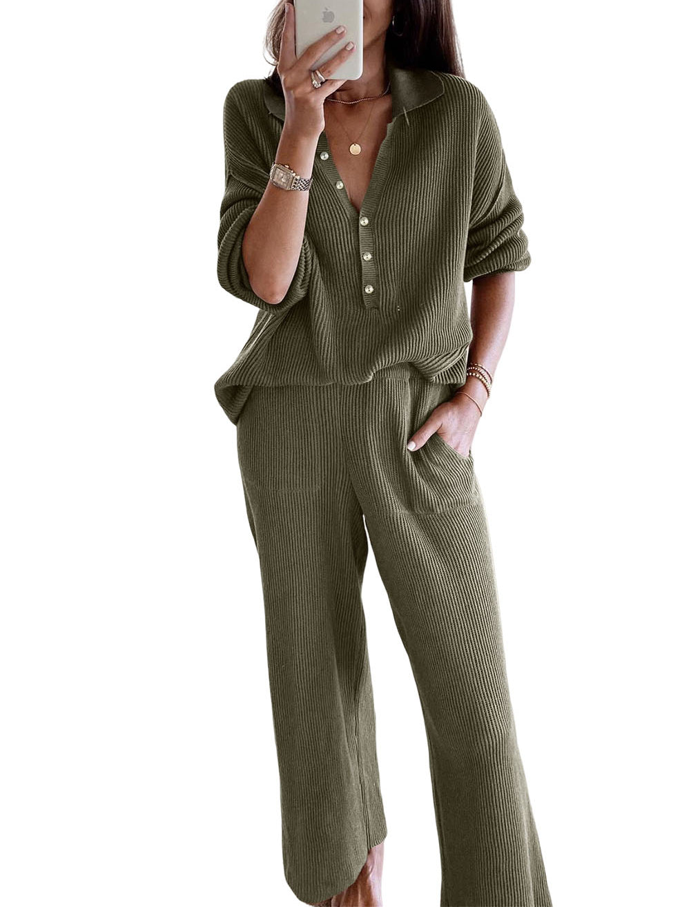 Ribbed Knit Collared Henley Top and Pants Lounge Outfit