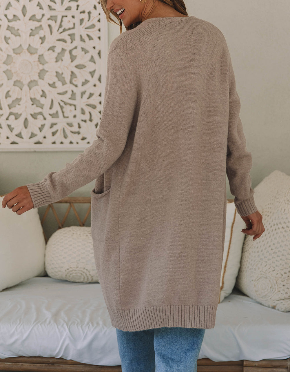 Ribbed Trim Pockets Open Front Midi Cardigan