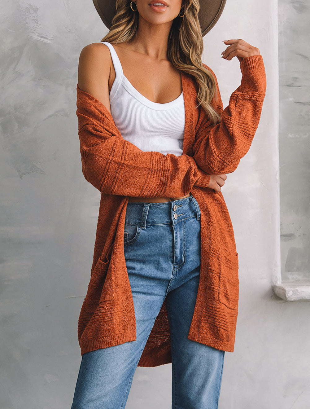 Open Front Textured Knit Cardigan with Pockets