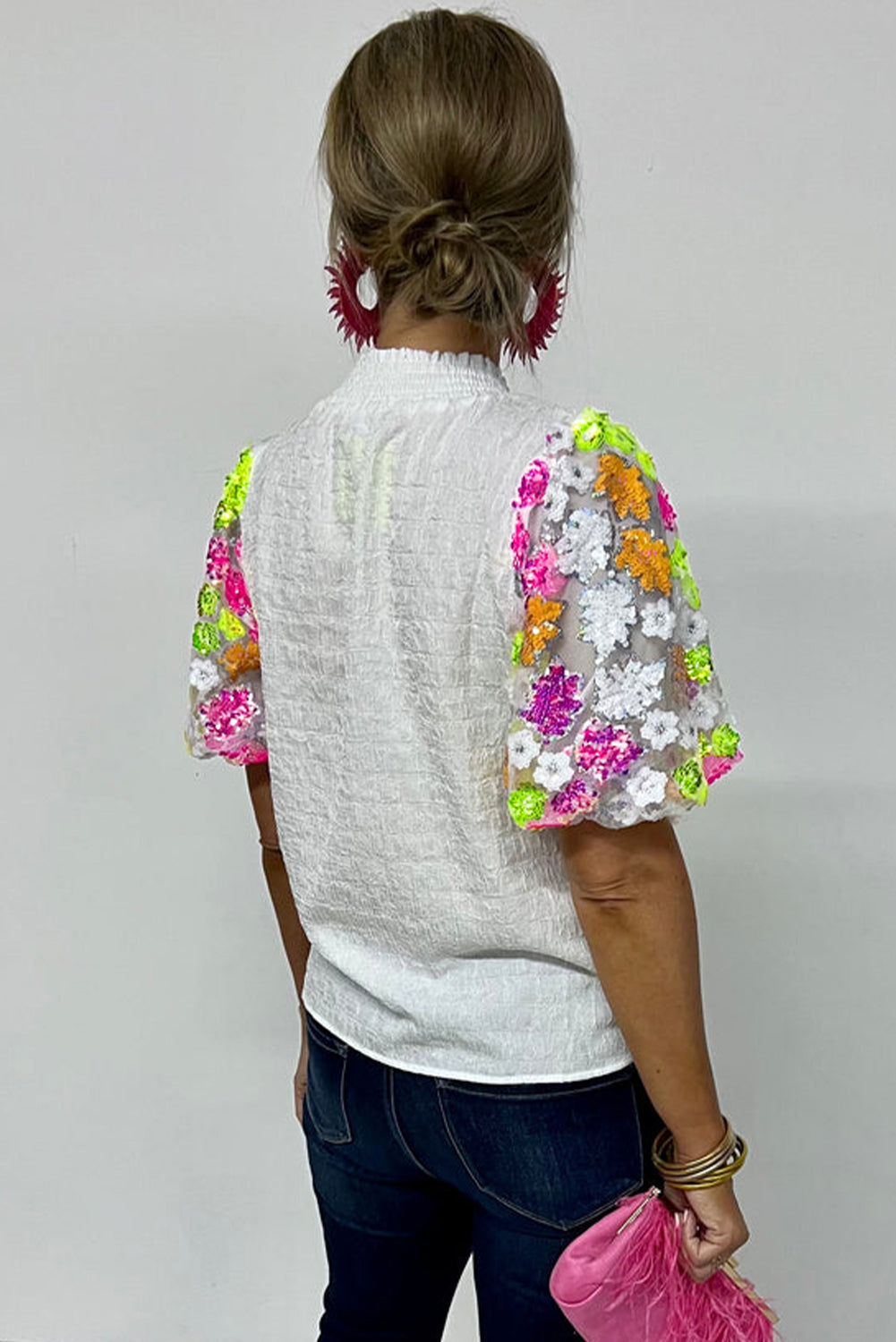 Smocked Collar Sequin Flower Puff Sleeve Textured Top