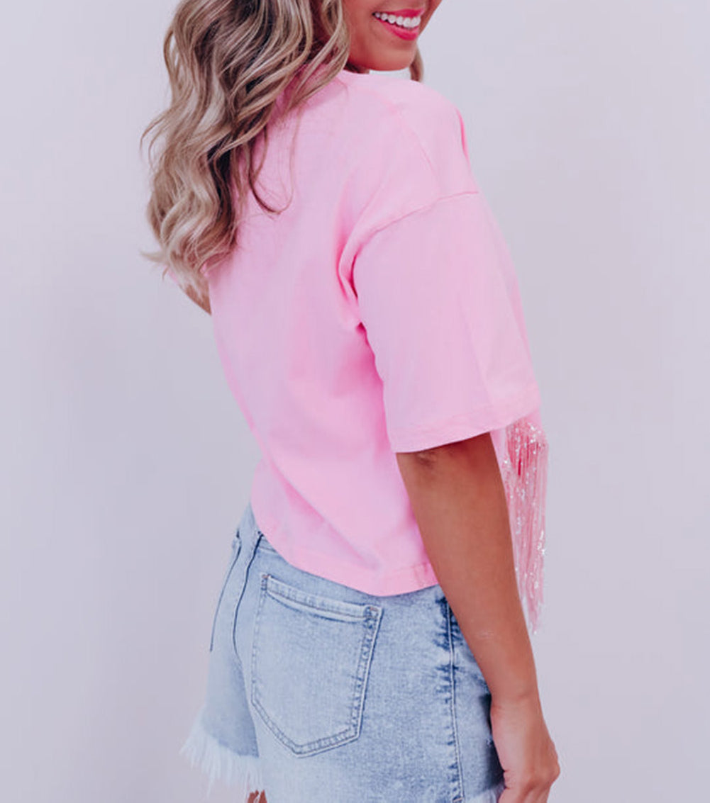 Fringed Sequin Crop T-shirt