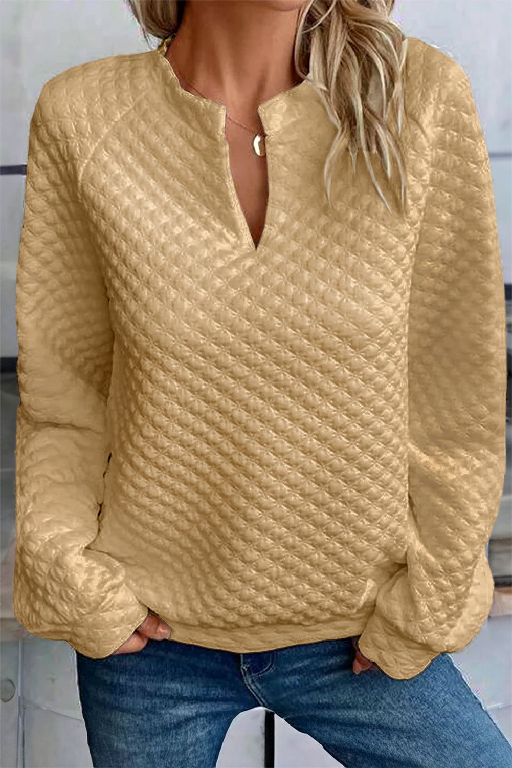 Split Neck Quilted Long Sleeve Top