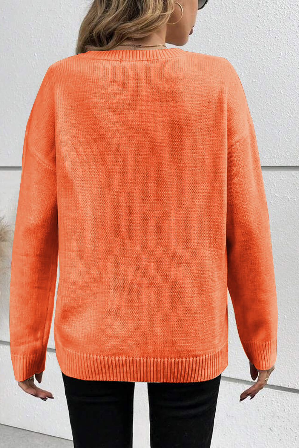 Knitted Pattern Ribbed Edge Drop Shoulder Sweater