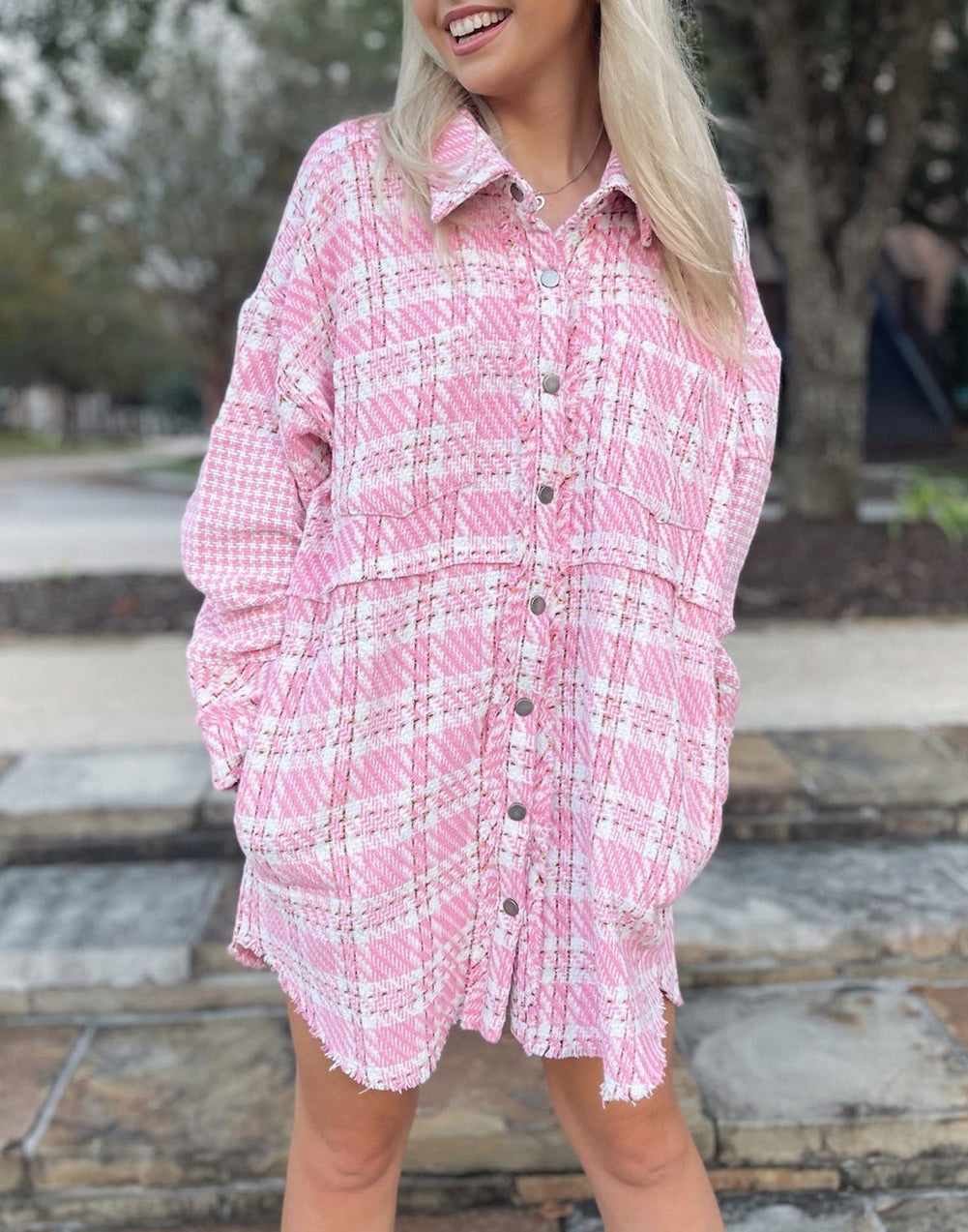 Houndstooth Splicing Oversized Tweed Shacket