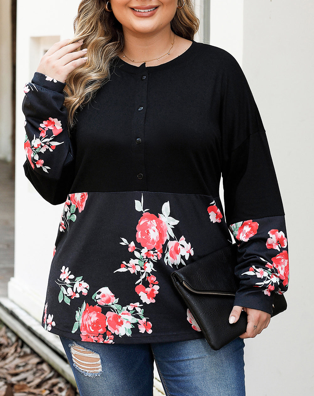 Plus Size Floral Printed Splicing Half Button Top