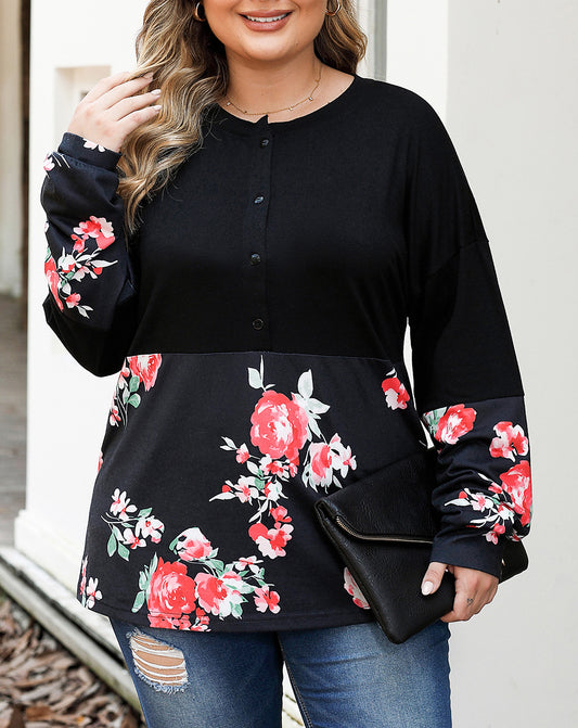 Plus Size Floral Printed Splicing Half Button Top