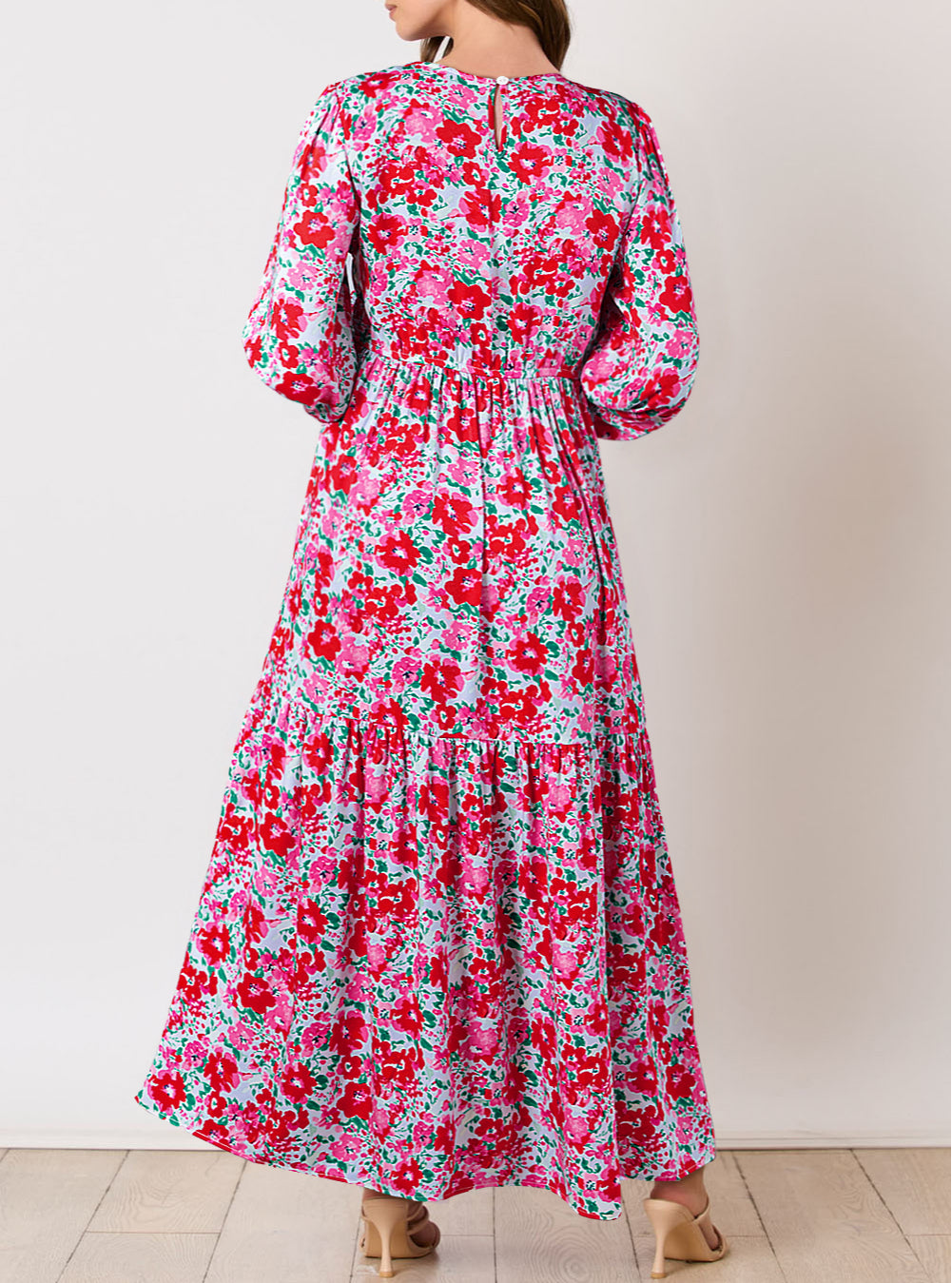 Floral Print Smocked Lantern Sleeve Tiered Maxi Dress