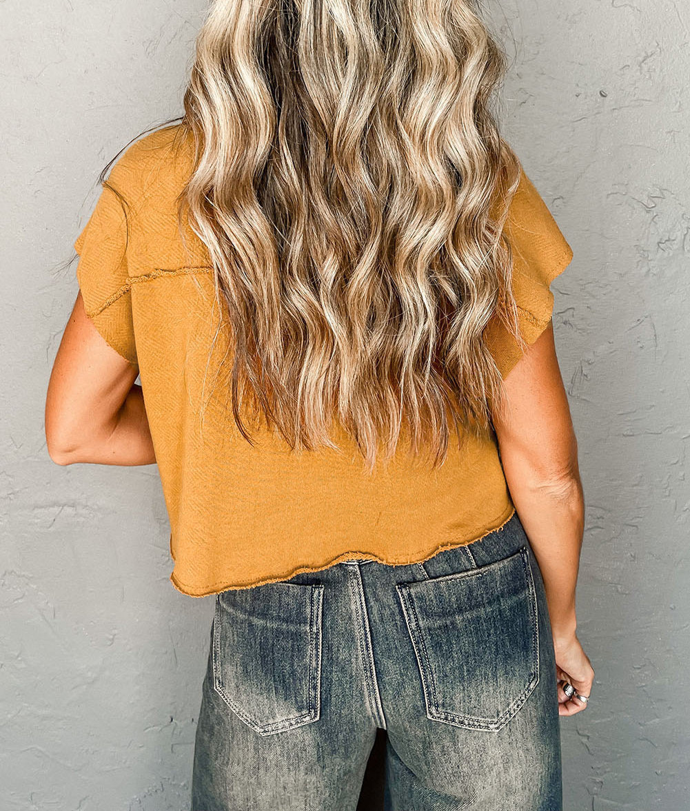 Raw Edge Trim Polo Collar Cropped Tee