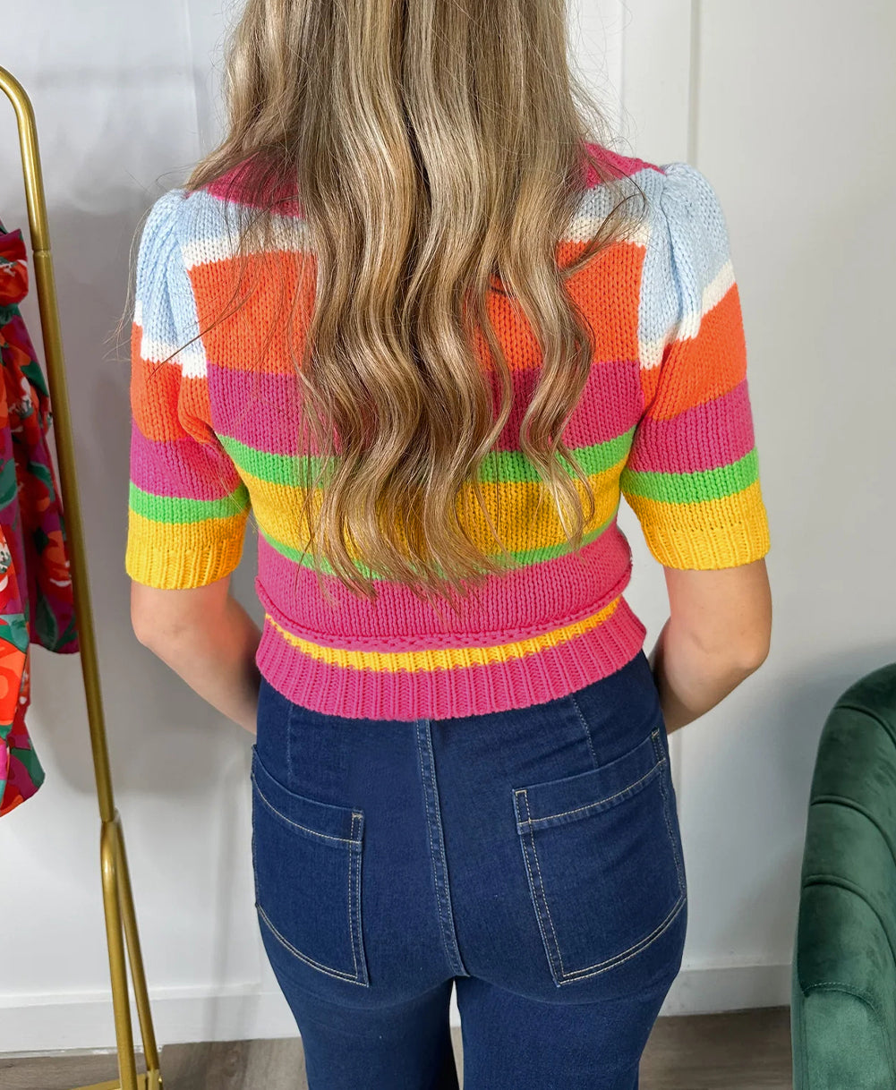 Color Block Cropped Short Sleeve Sweater