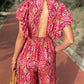 Printed V Neck Button Open Back Wide Leg Jumpsuit