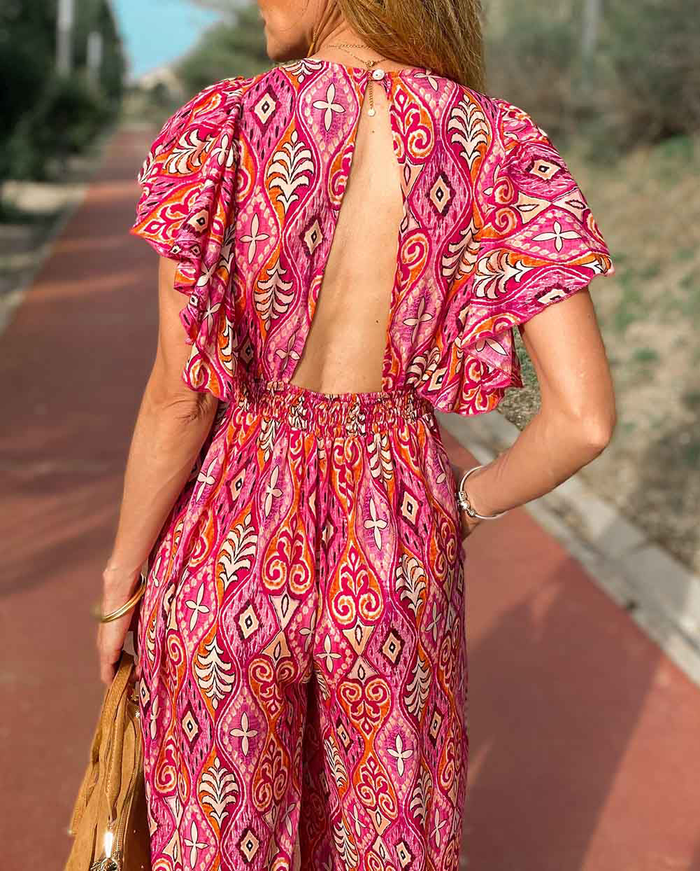 Printed V Neck Button Open Back Wide Leg Jumpsuit